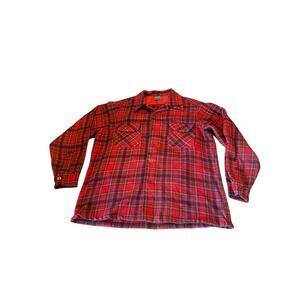 Vintage Pendleton L Medium Red Plaid Flannel Virgin Wool USA Made Flap Pockets